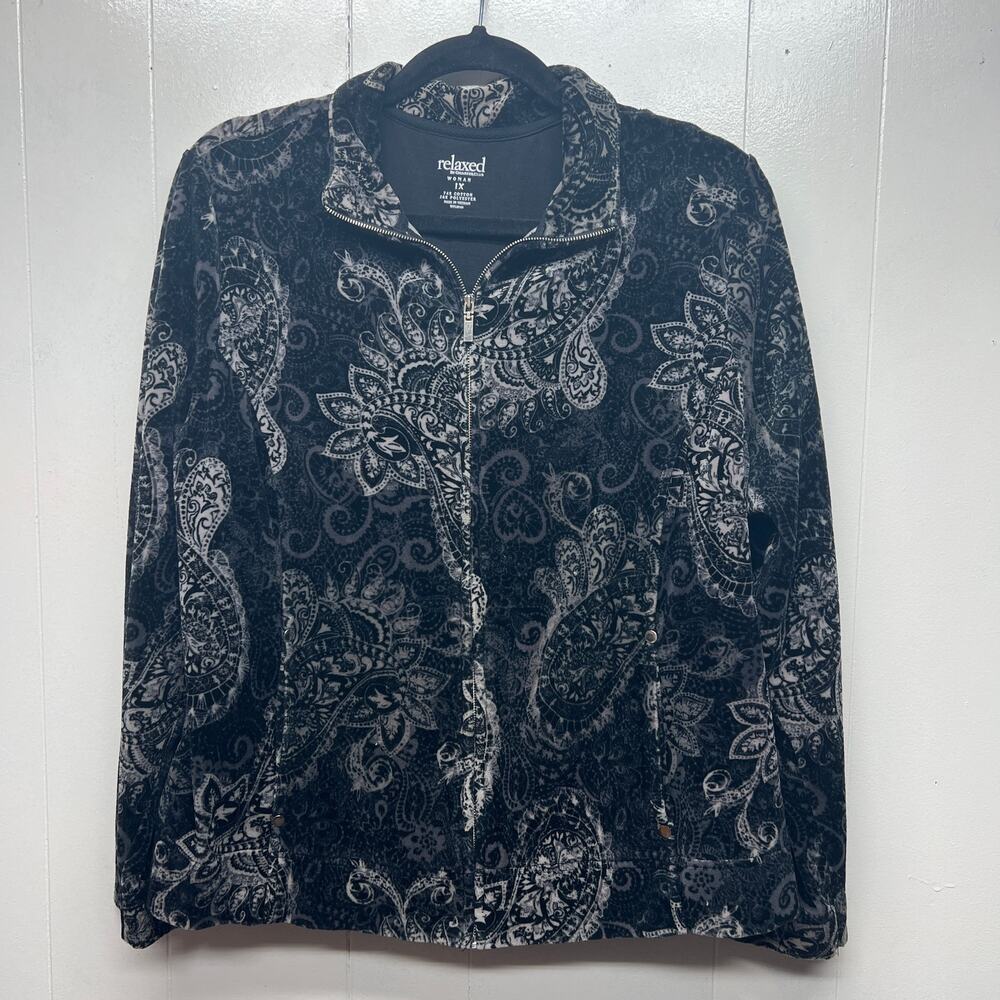 Charter Club Jacket Womens 1X Terry Cloth Paisley Full Zip Soft Stretch Travel